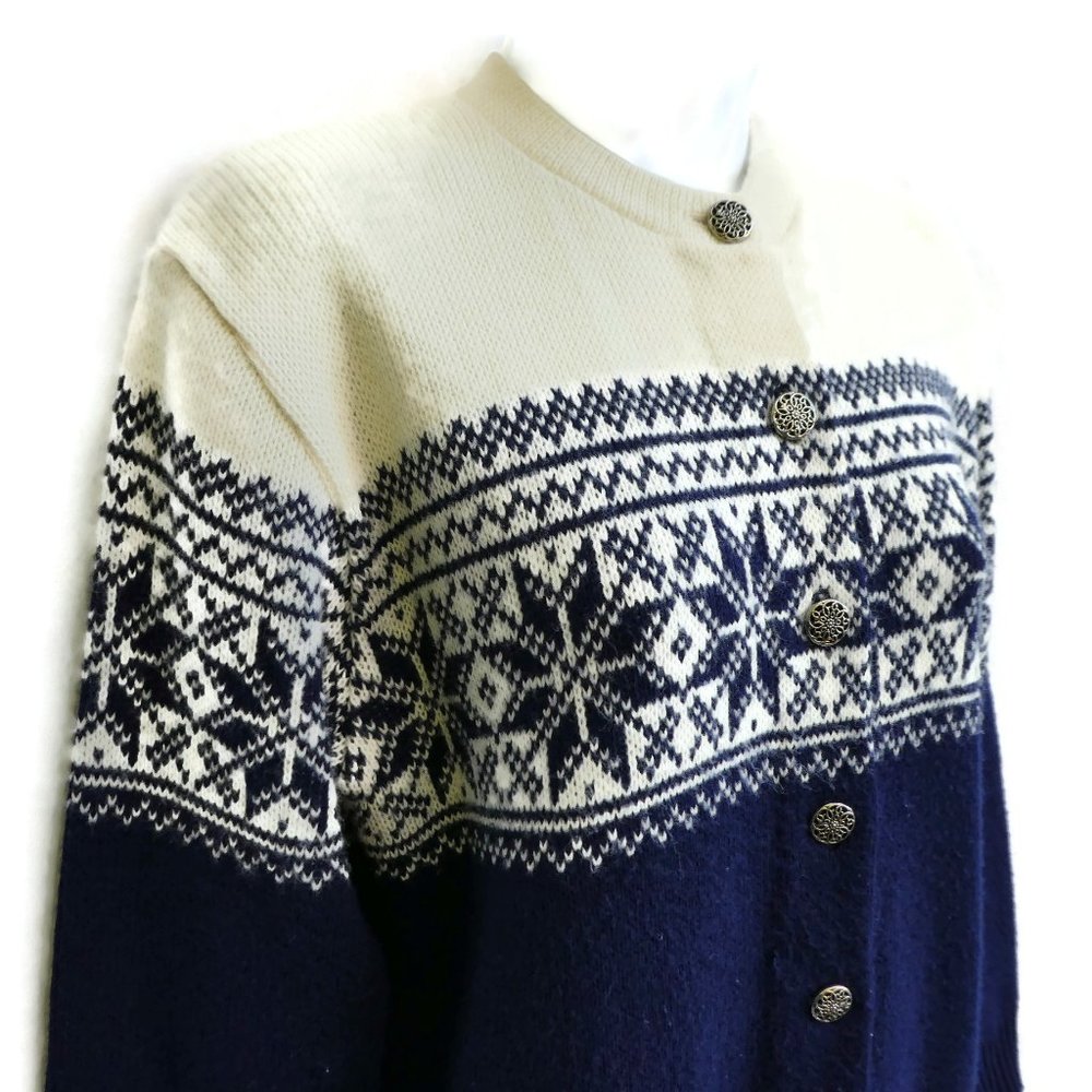 Vintage 50s Sweater Cardigan Navy White Fair Isle Antique Silver Floral Buttons